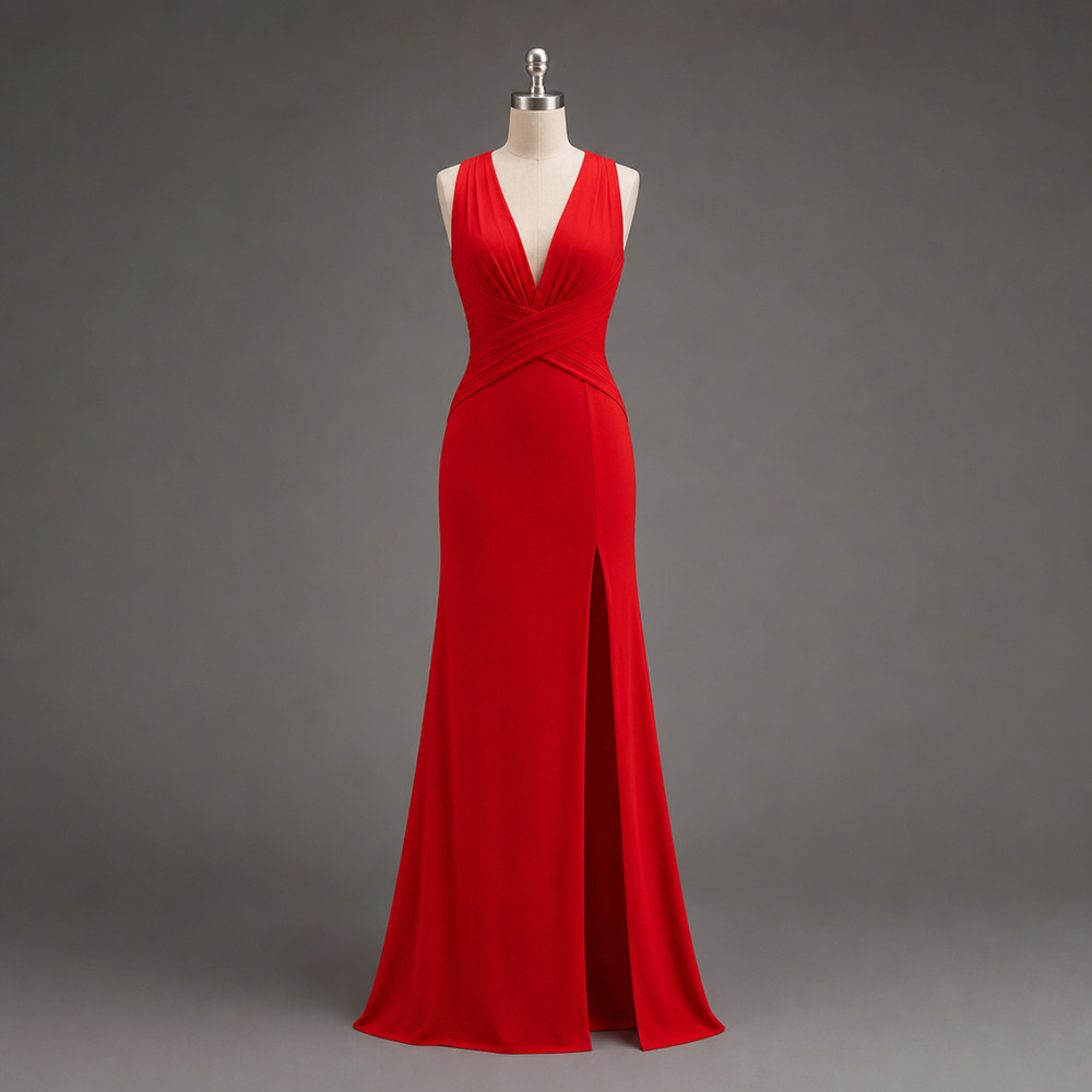 🧜♀️ Mac Duggal Ieena Red Jersey Criss Cross V-Neck Mermaid Slit Gown 55703 NWT